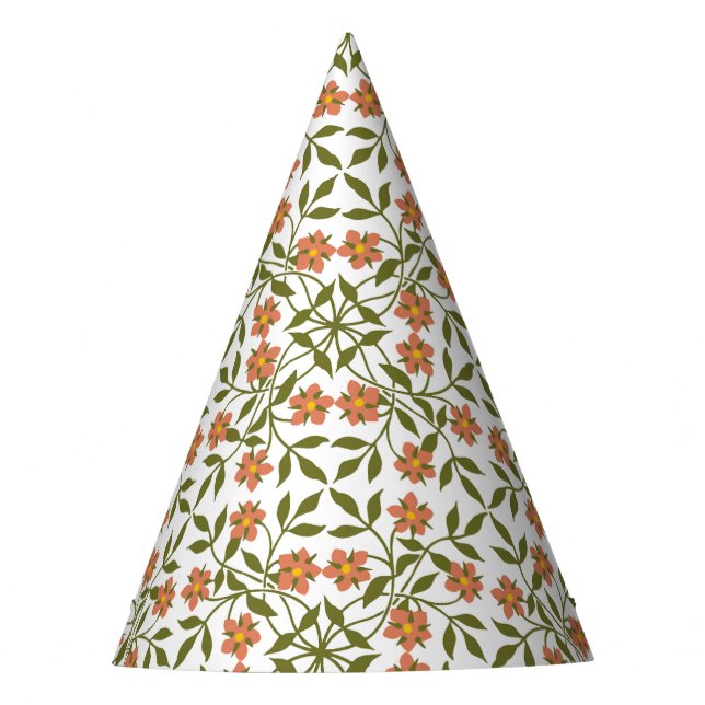 Orange Flowers, Floral Pattern, Greenery, Boho Party Hat (Front)