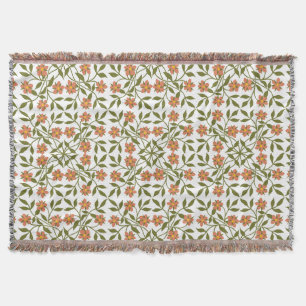 Orange Flowers, Floral Pattern, Greenery, Boho Throw Blanket