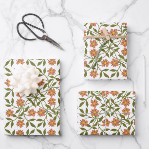 Orange Flowers, Floral Pattern, Greenery, Boho Wrapping Paper Sheet