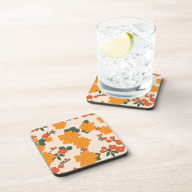 Orange Flowers, Floral Pattern, Pattern Of Flowers Coaster (Right Side)