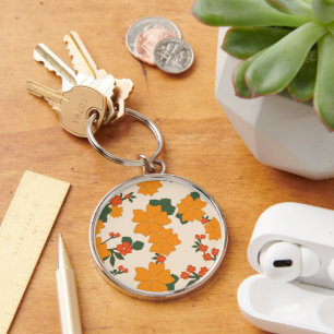 Orange Flowers, Floral Pattern, Pattern Of Flowers Key Ring