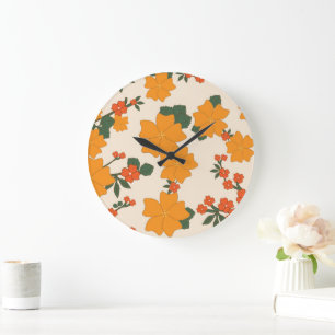 Orange Flowers, Floral Pattern, Pattern Of Flowers Large Clock