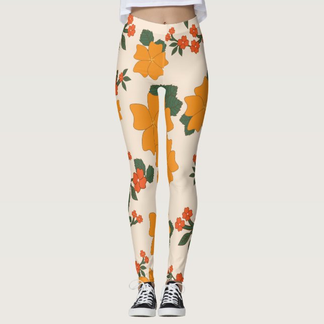 Orange Flowers, Floral Pattern, Pattern Of Flowers Leggings (Front)