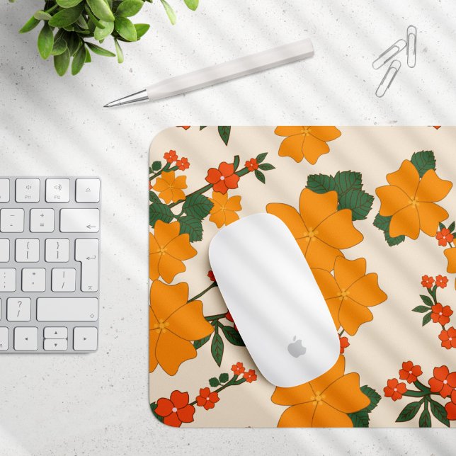 Orange Flowers, Floral Pattern, Pattern Of Flowers Mouse Mat (Creator Uploaded)