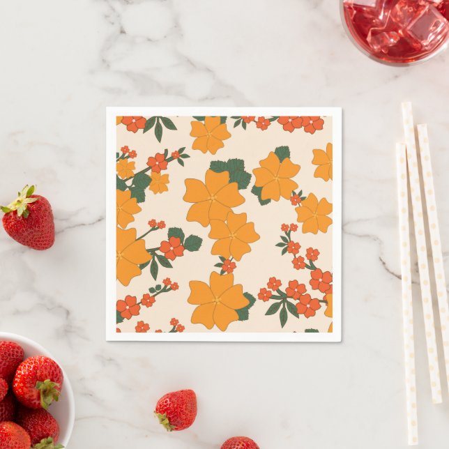 Orange Flowers, Floral Pattern, Pattern Of Flowers Napkin (Insitu)