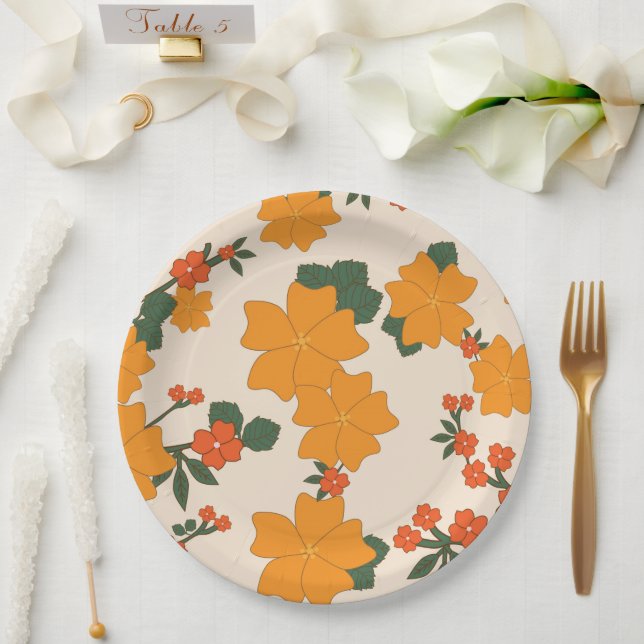 Orange Flowers, Floral Pattern, Pattern Of Flowers Paper Plate (Wedding)