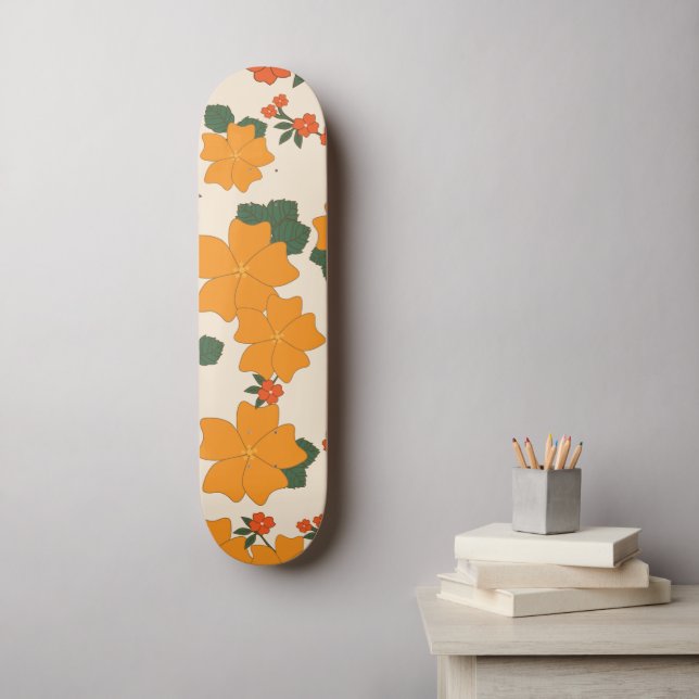 Orange Flowers, Floral Pattern, Pattern Of Flowers Skateboard (Wall Art)