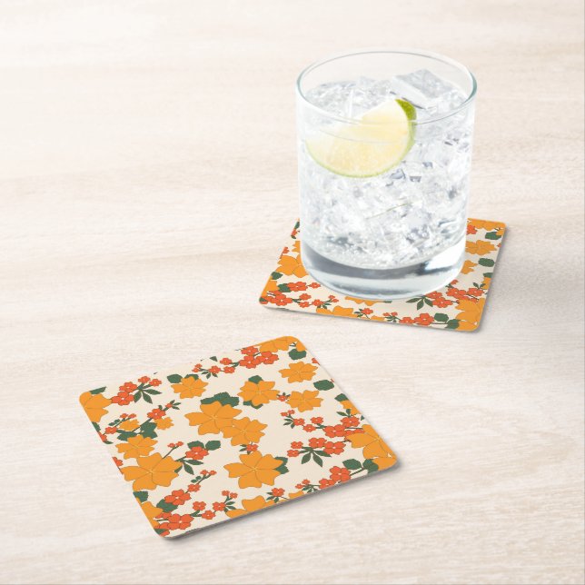 Orange Flowers, Floral Pattern, Pattern Of Flowers Square Paper Coaster (Insitu)