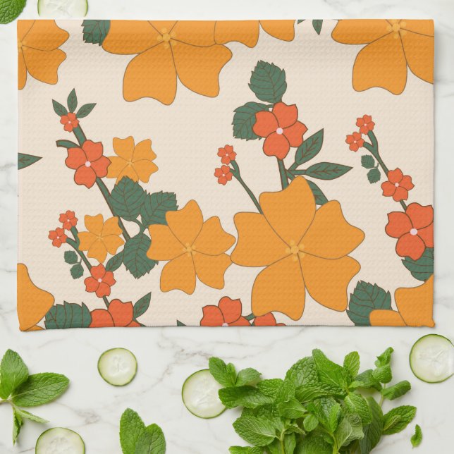 Orange Flowers, Floral Pattern, Pattern Of Flowers Tea Towel (Folded)