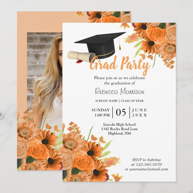 Orange Flowers 🎓 Graduation Invitation (Front/Back)