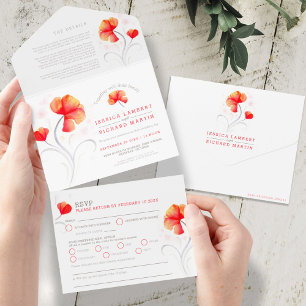 Orange flowers grey swirl watercolor all in one in all in one invitation