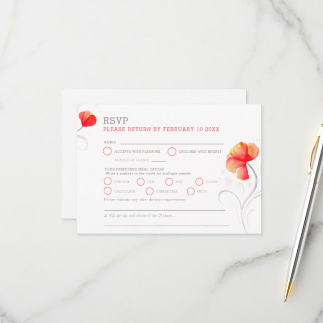 Orange flowers grey swirl watercolor RSVP (Front/Back In Situ)