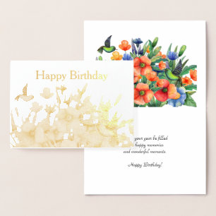 Orange Flowers Hummingbird Birthday Gold Foil Card
