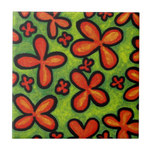 Orange Flowers in Green Grass Ceramic Tile