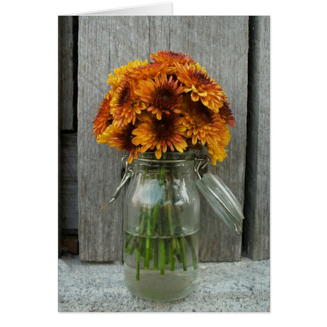 Orange Flowers In Mason Jar & Barn Wood Card (Front)