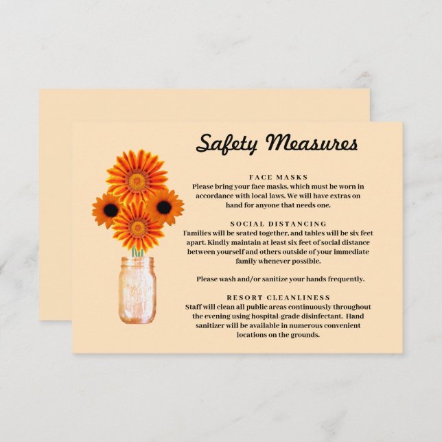 Orange Flowers Mason Jar Safety Measures Enclosure Card (Front/Back)