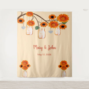 Orange Flowers Mason Jars Photo Backdrop Tapestry