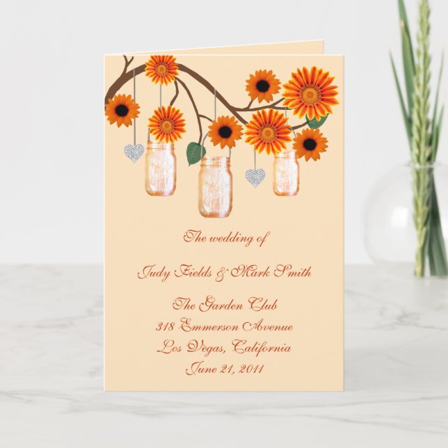 Orange Flowers Mason Jars Program Card (Front)
