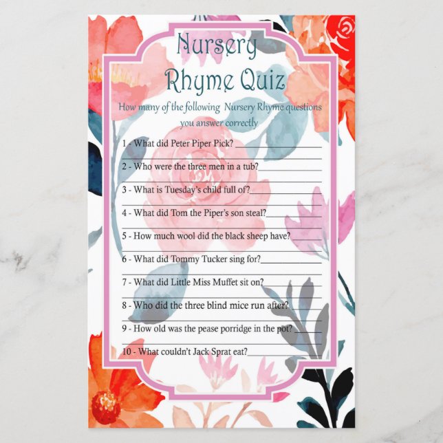 Orange flowers Nursery Rhyme Quiz baby shower game (Front)
