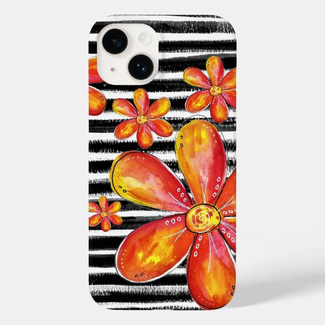 Orange Flowers on Black Stripes Case-Mate iPhone Case (Back)