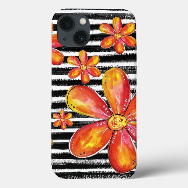 Orange Flowers on Black Stripes Case-Mate iPhone Case (Back)