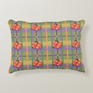 Orange Flowers on Moss Green Plaid Accent Pillow