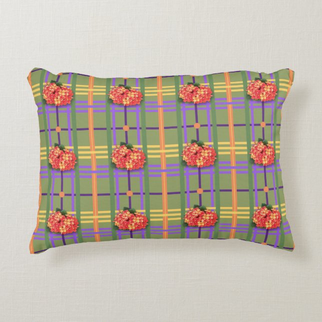 Orange Flowers on Moss Green Plaid Accent Pillow (Front)