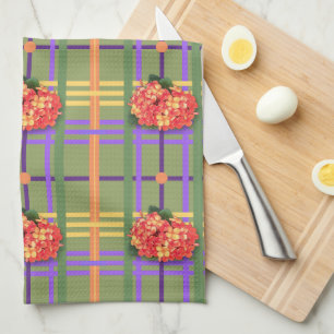 Orange Flowers on Moss Green Plaid Kitchen Towels