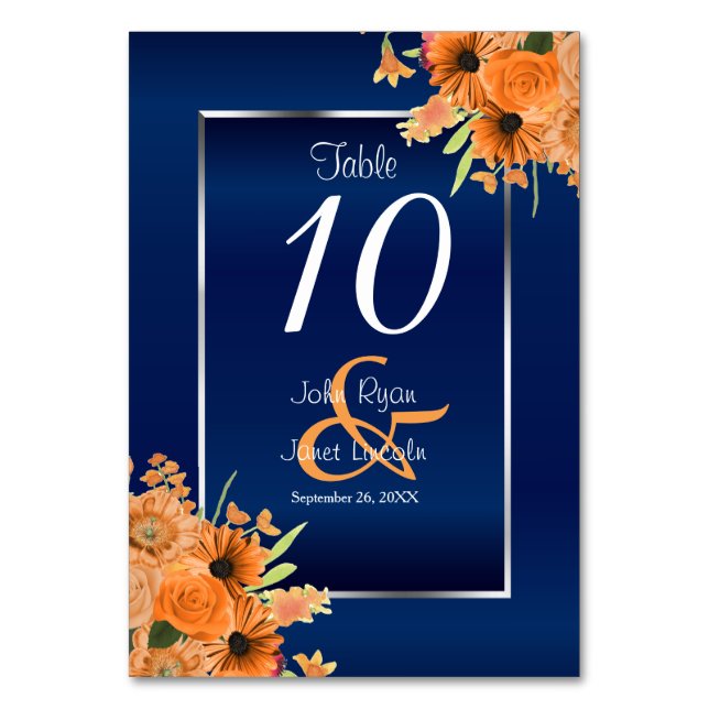 Orange Flowers on Navy Blue - Table  Card (Front)