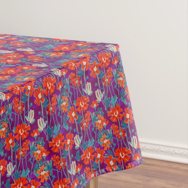 Orange flowers on purple throw pillow tablecloth (In Situ)