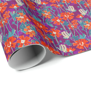 Orange flowers on purple throw pillow wrapping paper