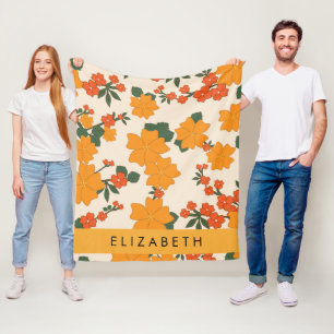 Orange Flowers, Pattern Of Flowers, Your Name Fleece Blanket