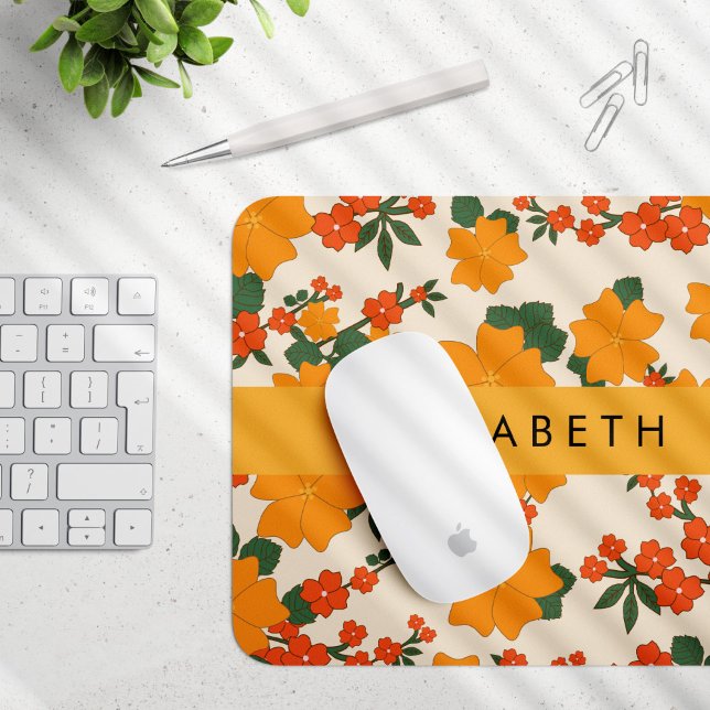 Orange Flowers, Pattern Of Flowers, Your Name Mouse Mat (Creator Uploaded)