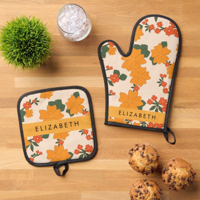 Orange Flowers, Pattern Of Flowers, Your Name Oven Mitt & Pot Holder Set (Top Down)
