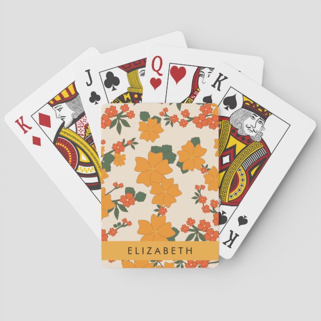 Orange Flowers, Pattern Of Flowers, Your Name Playing Cards (Back)