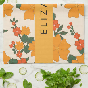 Orange Flowers, Pattern Of Flowers, Your Name Tea Towel