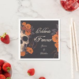 Orange Flowers Skull Elegant Cocktail Napkin