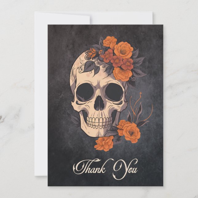 Orange Flowers Skull Elegant  Traditional Wedding Thank You Card (Front)