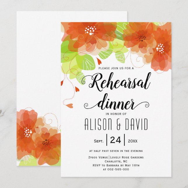Orange flowers wedding rehearsal dinner invitation (Front/Back)