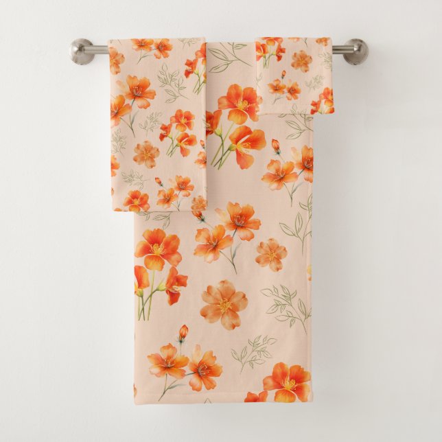 Orange Flowers with Green Leaves Bath Towel Set (Insitu)