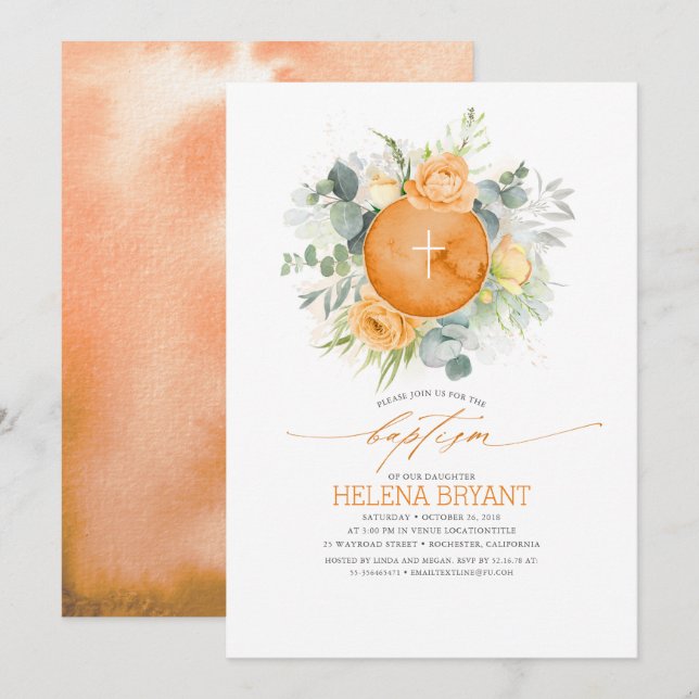 Orange Flowers Wreath Boho Fall Baptism Invitation (Front/Back)