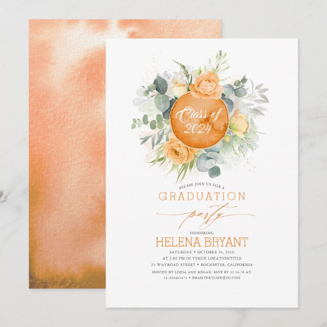 Orange Flowers Wreath Boho Fall Graduation Invitation (Front/Back)