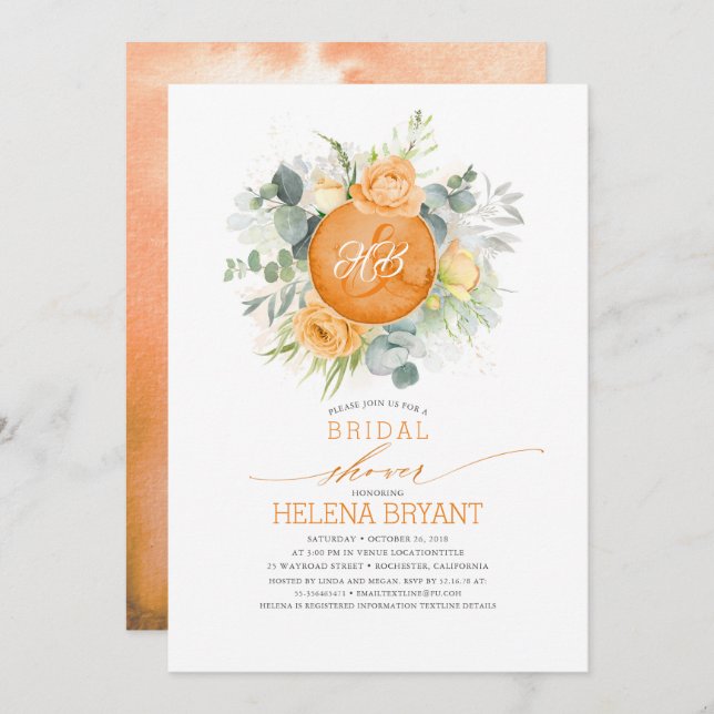 Orange Flowers Wreath Monogram Fall Bridal Shower Invitation (Front/Back)
