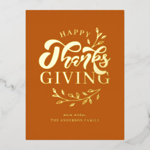 Orange Foliage Wreath Happy Thanksgiving Foil Holiday Postcard
