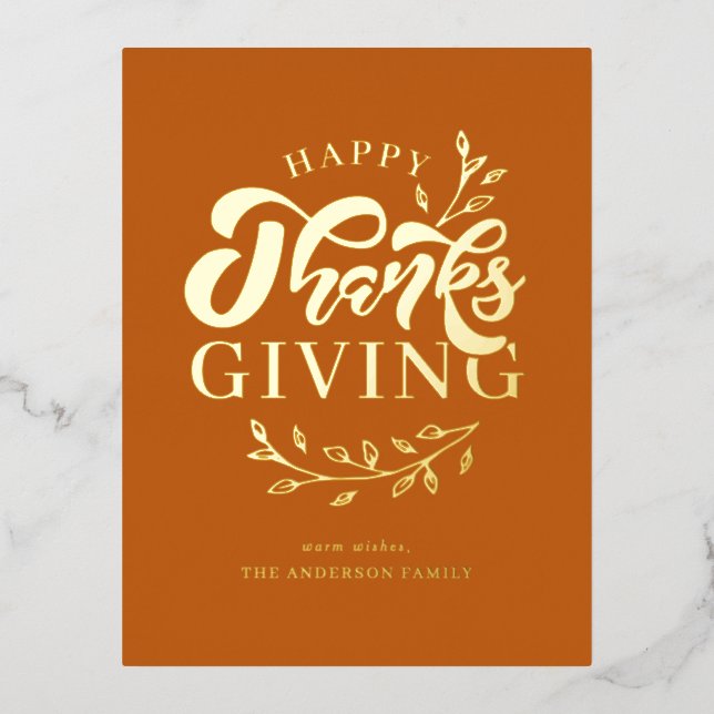 Orange Foliage Wreath Happy Thanksgiving Foil Holiday Postcard (Front)