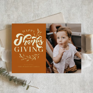 Orange Foliage Wreath Photo Happy Thanksgiving Foil Holiday Card