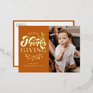 Orange Foliage Wreath Photo Happy Thanksgiving Foil Holiday Postcard