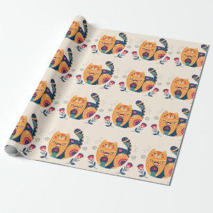 Orange Folk Cats Wrapping Paper