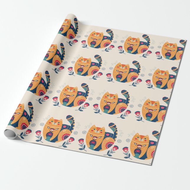 Orange Folk Cats Wrapping Paper (Unrolled)
