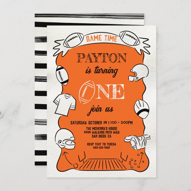 Orange Football 1st One Hand drawn Birthday Invitation (Front/Back)